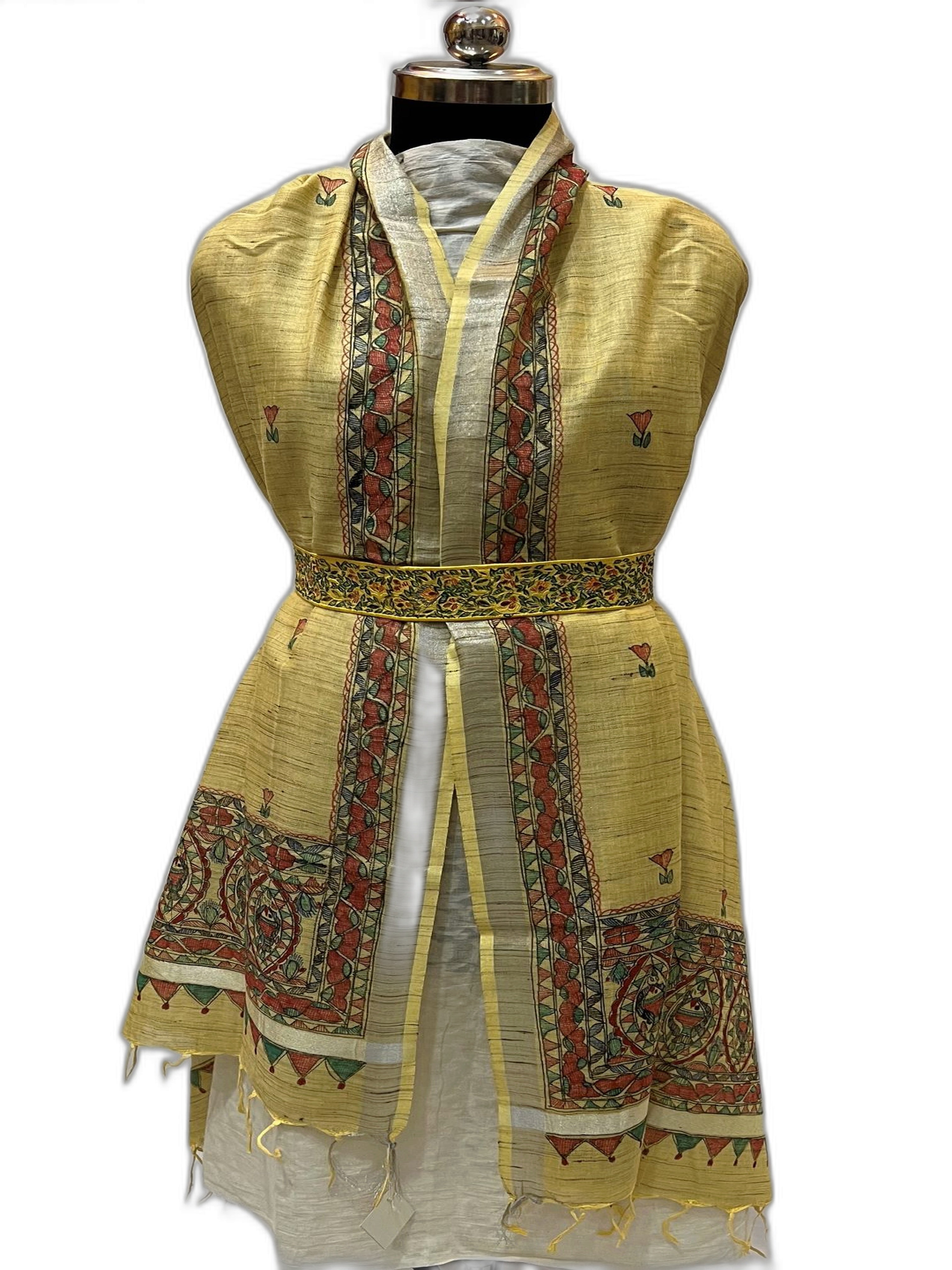 Hand-Painted Cotton Dupatta with Silver Zari Border